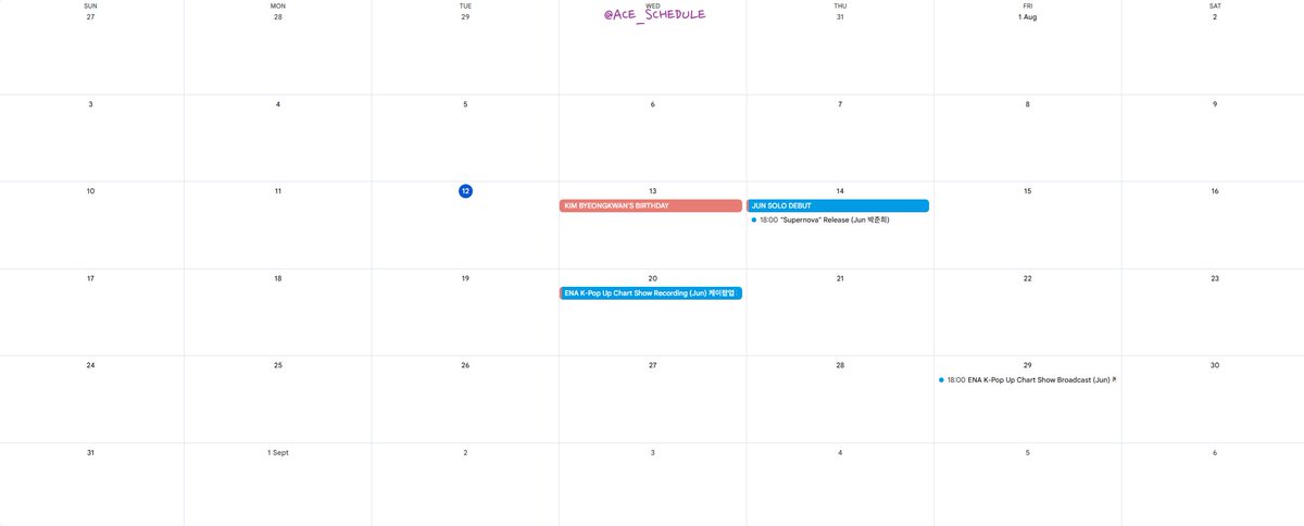 ACE_SCHEDULE's tweet photo. 2025: 08

A.C.E 💖 SUB 💙

+ 08.14 JUN SOLO DEBUT, "Supernova" Release (Jun 박준희)
+ 08.20 ENA K-Pop Up Chart Show Recording (Jun) 케이팝업 차트쇼 녹화 (박준희)
+ 08.29 ENA K-Pop Up Chart Show Broadcast (Jun) 케이팝업 차트쇼 방송 (박준희)

[#ACE]
[#에이스] https://t.co/LO9SOvbklz