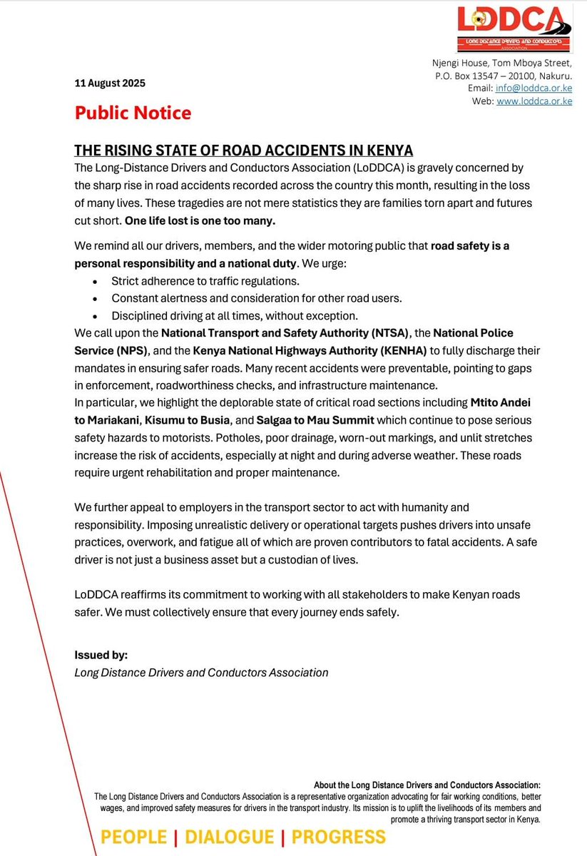 Long Distance Drivers and Conductors Association (@loddca) on Twitter photo 📢 PUBLIC NOTICE! 📣
Rising state of road accidents in Kenya. <a href="/AbouFauzia/">Mohamed Absi</a> <a href="/benson_njunge/">Benson K Njunge</a> <a href="/iam_kipkoech861/">KipkoechCollins🇰🇪🇺🇬🇸🇸</a> <a href="/karugawanjuguna/">Karuga wa Njuguna</a> <a href="/motoristsoffice/">Motorist Association</a> <a href="/princegershom_/">Subaru Leone</a> <a href="/roadsensekenya/">Road Sense Kenya - RSK</a> <a href="/RSAIKenya/">Road Safety Awareness Initiative (Kenya)</a> <a href="/Mizani254/">Mizani254</a> <a href="/MajimajiKenya/">MAJIMAJI</a> <a href="/AntoMalovi/">Antony Malovi™℗</a> <a href="/RSF_2020/">ROAD SAFETY FACTS 🇰🇪</a> <a href="/NPSOfficial_KE/">National Police Service-Kenya</a> <a href="/davis_chirchir/">Davis Chirchir, EGH</a> 📢 PUBLIC NOTICE! 📣
Rising state of road accidents in Kenya. <a href="/AbouFauzia/">Mohamed Absi</a> <a href="/benson_njunge/">Benson K Njunge</a> <a href="/iam_kipkoech861/">KipkoechCollins🇰🇪🇺🇬🇸🇸</a> <a href="/karugawanjuguna/">Karuga wa Njuguna</a> <a href="/motoristsoffice/">Motorist Association</a> <a href="/princegershom_/">Subaru Leone</a> <a href="/roadsensekenya/">Road Sense Kenya - RSK</a> <a href="/RSAIKenya/">Road Safety Awareness Initiative (Kenya)</a> <a href="/Mizani254/">Mizani254</a> <a href="/MajimajiKenya/">MAJIMAJI</a> <a href="/AntoMalovi/">Antony Malovi™℗</a> <a href="/RSF_2020/">ROAD SAFETY FACTS 🇰🇪</a> <a href="/NPSOfficial_KE/">National Police Service-Kenya</a> <a href="/davis_chirchir/">Davis Chirchir, EGH</a>