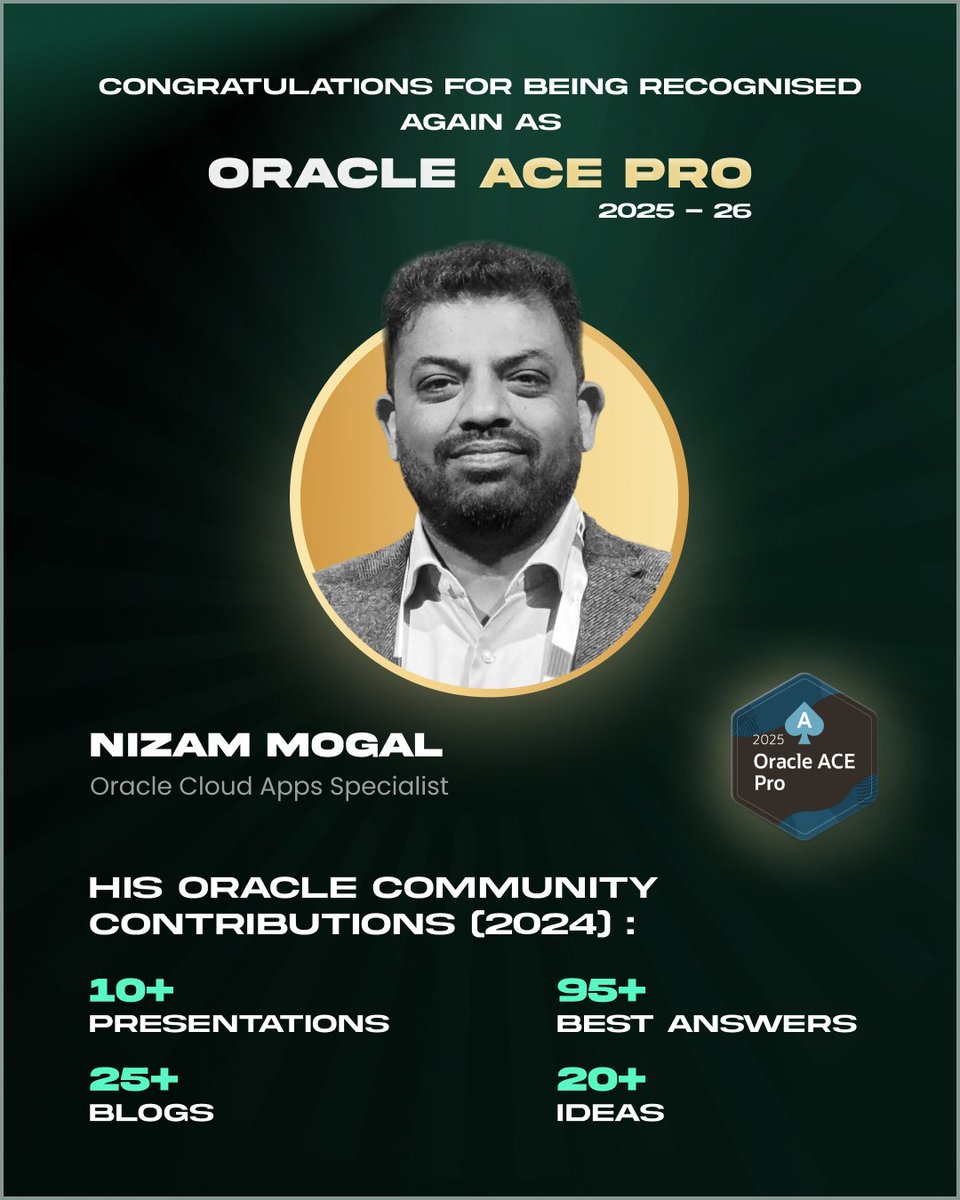 iSmartOracle's tweet image. 🎉 𝗖𝗼𝗻𝗴𝗿𝗮𝘁𝘂𝗹𝗮𝘁𝗶𝗼𝗻𝘀 𝘁𝗼 @NizamMogal 𝗼𝗻 𝗯𝗲𝗶𝗻𝗴 𝗿𝗲𝗰𝗼𝗴𝗻𝗶𝘀𝗲𝗱 𝗮𝘀 𝗮𝗻 𝗢𝗿𝗮𝗰𝗹𝗲 𝗔𝗖𝗘 𝗣𝗿𝗼 𝗳𝗼𝗿 𝟮𝟬𝟮𝟱–𝟮𝟲!

This recognition reflects Nizam’s continued contributions to the Oracle community — from delivering impactful presentations and…
