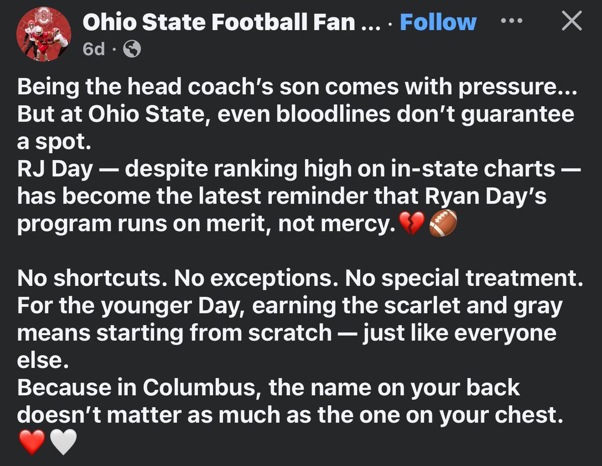 This is why Ohio State is what it is..no favoritism. Football gets ruined with politics at all levels. Respect to every program who do it the right way