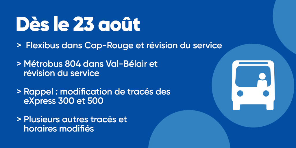 Le 23 août, des changements seront apportés à notre service pour l’automne.
💛 Flexibus dans Cap-Rouge
🟢 Métrobus 804 dans Val-Bélair
⤴️ Révisions de service
🚌 Fusion des eXpress 300-500
🚍 La majorité des horaires de parcours ajustés
Tous les détails : rtcquebec.ca/horaires-et-tr…