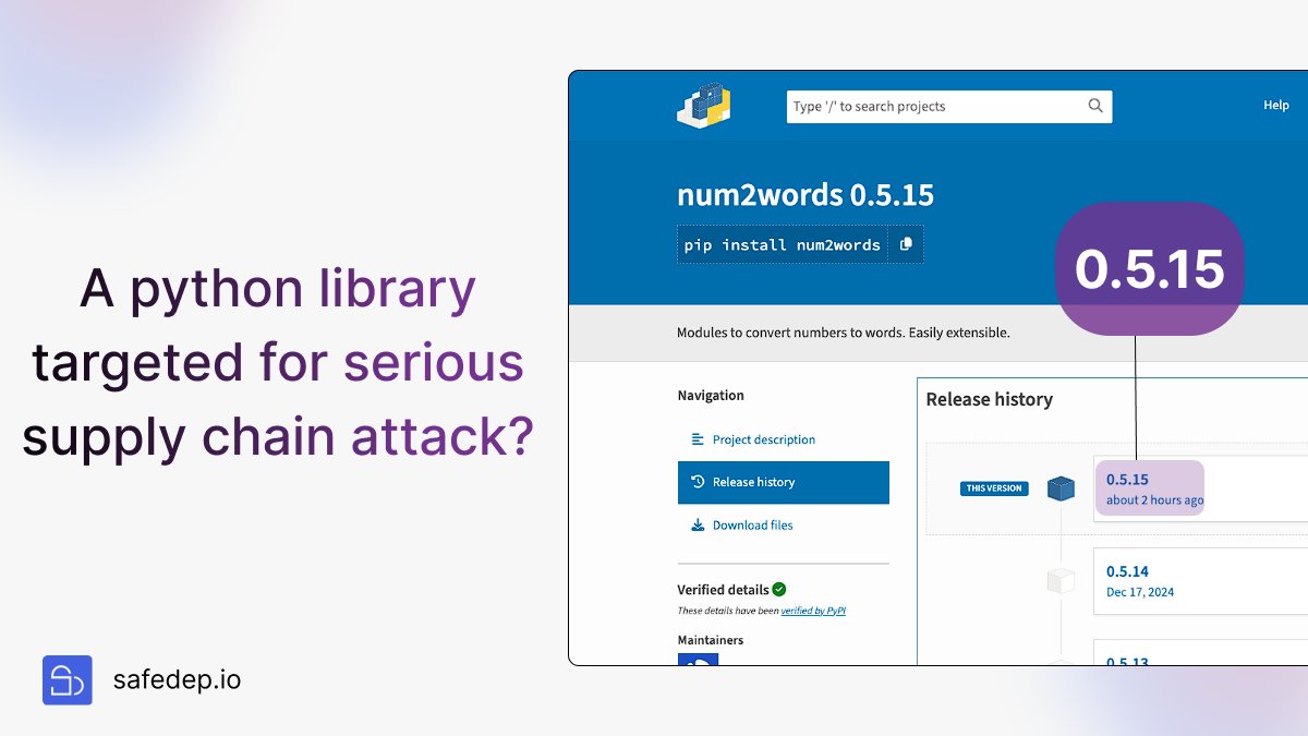 SafeDep (@safedepio) on Twitter photo A widely-used Python library, num2words (with over 80 million downloads), was recently the target of a serious supply chain attack.
Security researcher <a href="/johnk3r/">Padawan</a> identified and disclosed the threat on July 28, 2025, and PyPI swiftly removed the affected versions.
What’s notable: A widely-used Python library, num2words (with over 80 million downloads), was recently the target of a serious supply chain attack.
Security researcher <a href="/johnk3r/">Padawan</a> identified and disclosed the threat on July 28, 2025, and PyPI swiftly removed the affected versions.
What’s notable: