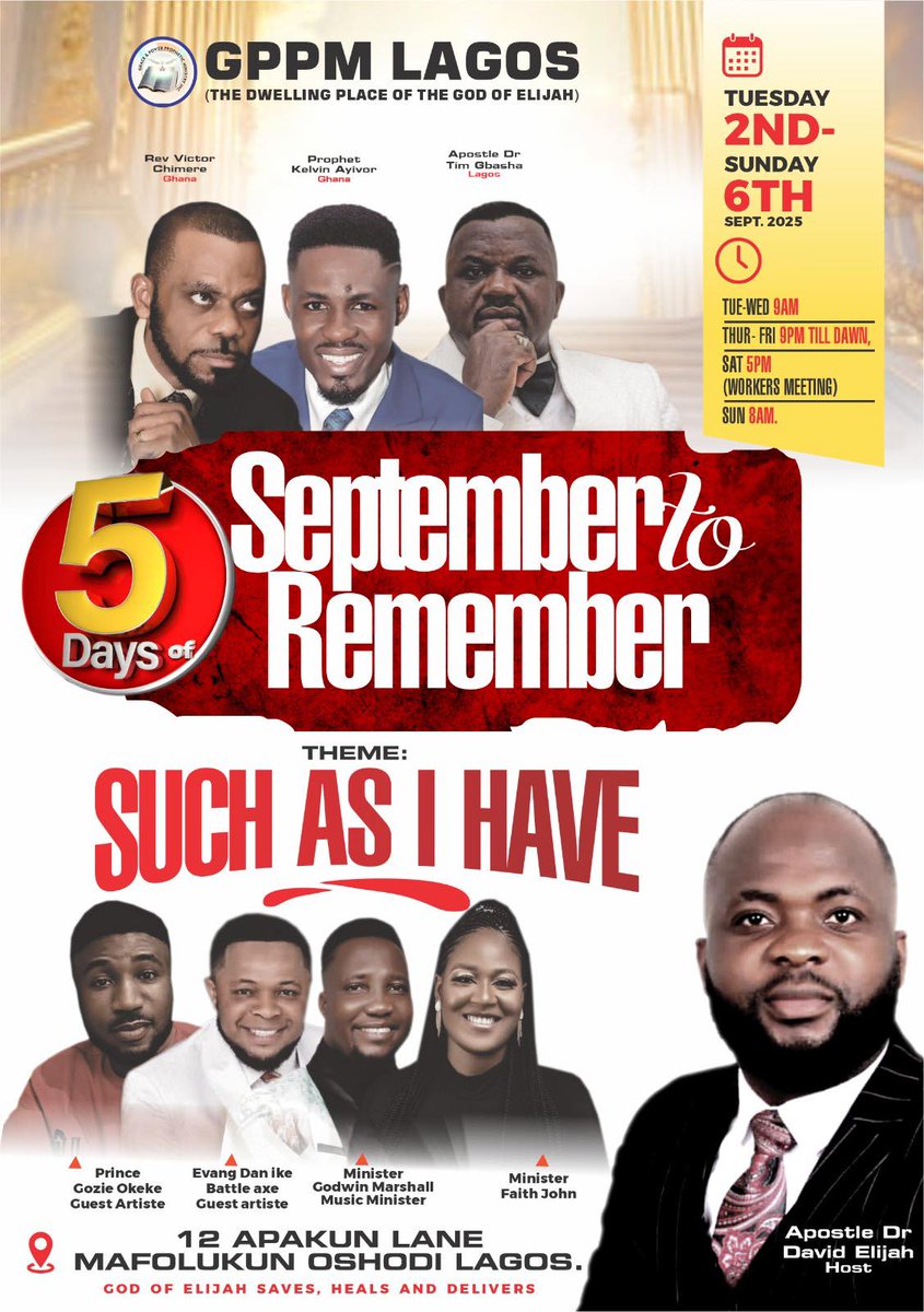ChimereRev15966's tweet image. Lagos! I come in the name of the Lord Jesus Christ. I will be in your city by September for the September to remeber conference. with @apostledrdavidelijah 
#programe #Church