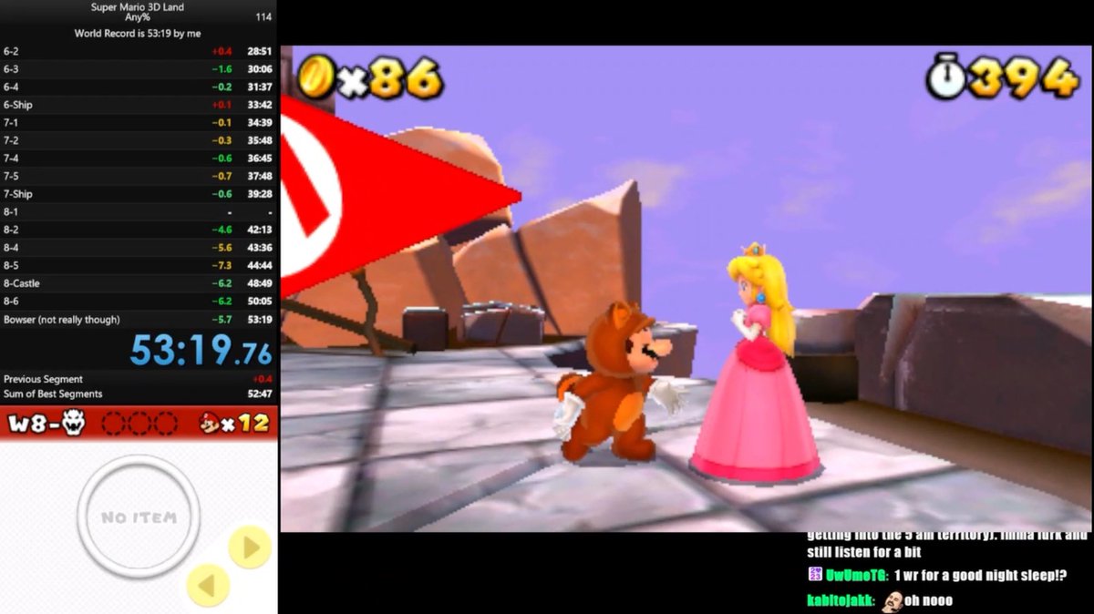 53:1X in Super Mario 3D Land Any% has been achieved! Only 20 seconds left to save to break the next minute barrier. Follow the grind for sub 53 at twitch.tv/pronoahh