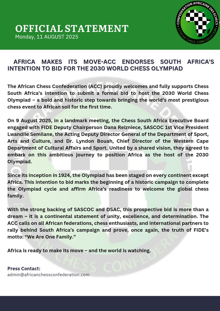 AfricanChessCon's tweet image. The African Chess Confederation proudly supports Chess South Africa’s intention to bid for the 2030 World Chess Olympiad – aiming to bring this iconic event to African soil for the very first time! 🌍✨ @SABC_Sport @SuperSportTV @GaytonMcK @NewzroomAfrikaa @robertmarawa