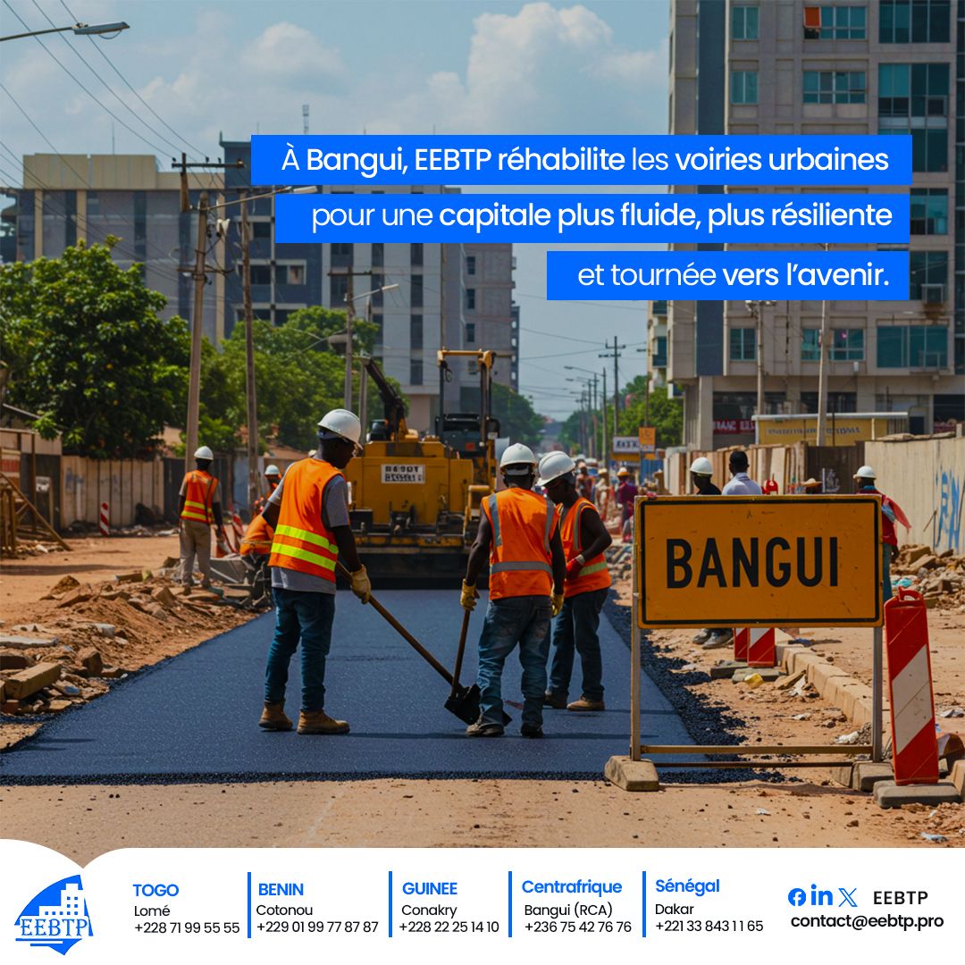 eebtp's tweet photo. 🚧Une ville peut-elle renaître à chaque coup de pelle ?   À #Bangui🇨🇫,#EEBTP redonne souffle et mouvement à la capitale. Voiries réhabilitées.🚗Moins d’embouteillages. Plus de fluidté. Un futur qui roule enfin dans le bon sens. #Centrafrique #MobilitéUrbaine #TravauxPublics🏗️ https://t.co/noFldnJfFn