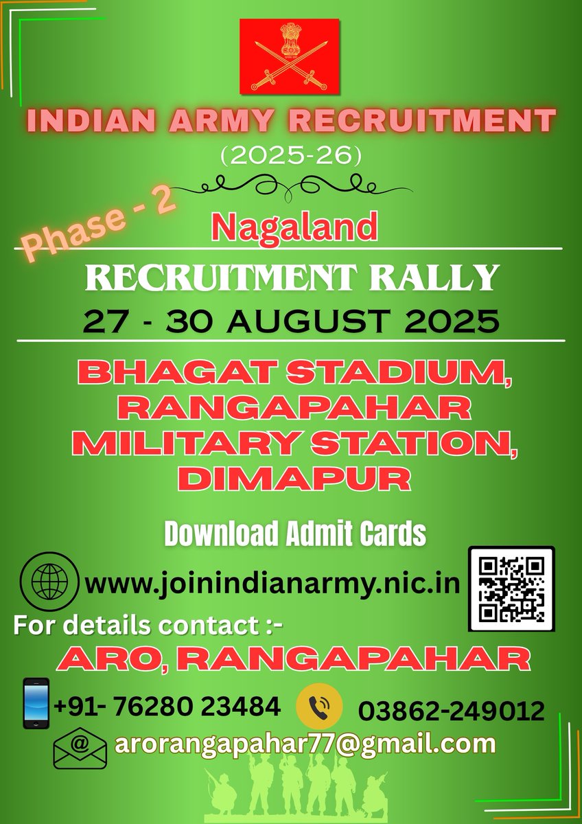 📢 Agniveer Recruitment | Phase-II

🚨 The #IndianArmy has begun Phase-II of the #Agniveer Recruitment in the North East.

🗓️ From 27–30 Aug 2025, shortlisted candidates will attend the Recruitment Rally at Bhagat Stadium, Rangapahar Military Station, #Nagaland.

📧 Admit cards