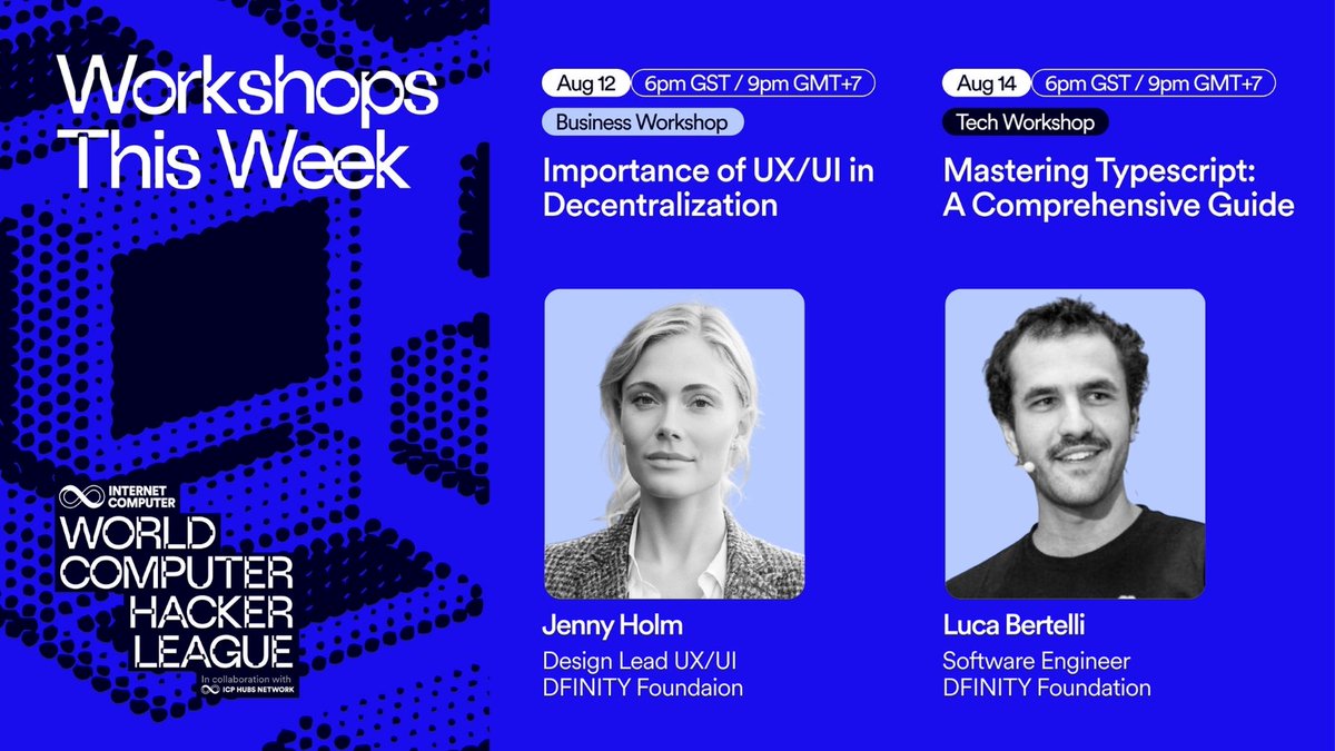 🚀 Big learning week ahead at #WCHL2025

🎙️ Jenny Holm – Importance of UX/UI in Decentralization
📅 Aug 12 | 🕘 9PM GMT+7 | 2PM UTC

🎙️ Luca Bertelli – Mastering TypeScript: A Comprehensive Guide
📅 Aug 14 | 🕘 9PM GMT+7 | 2PM UTC

#Workshop #ICP #WorldComputer