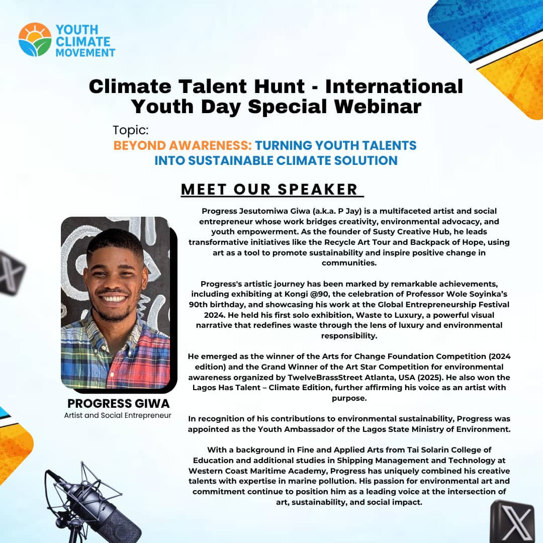 YouthClimateMov's tweet photo. 🎙 Meet the Voice Behind the Change! @PjayGiwa

Get inspired by young leader turning passion into action and talent into climate solutions.

This #InternationalYouthDay, he is here to show you how to go beyond awareness.

📅 12th August 2025 | ⏰ 6:00 PM WAT | 📍 X Space https://t.co/w05eqV6y2H
