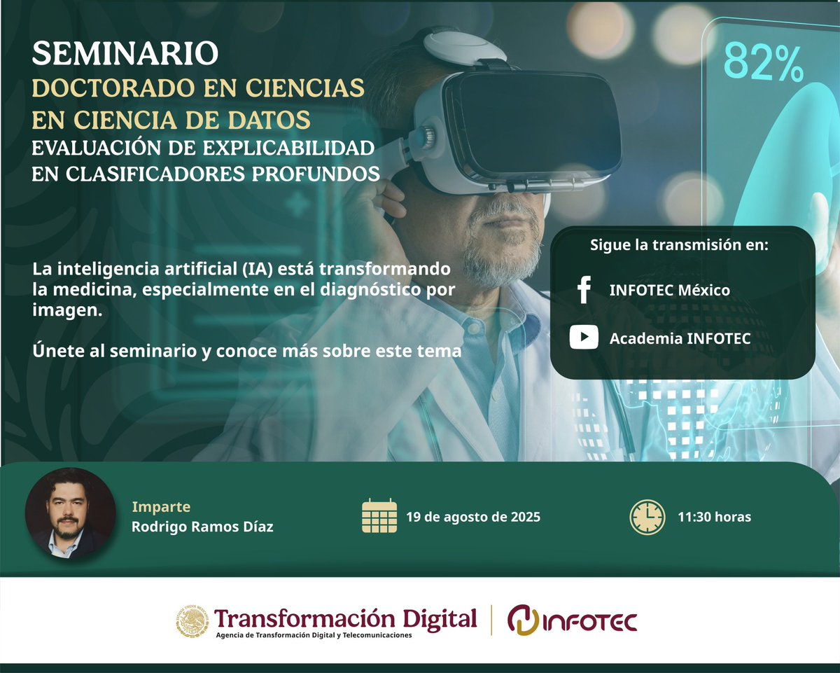 La IA está cambiando la medicina desde adentro. No te pierdas el seminario del DCCD el próximo 19 de agosto a las 11:30 h. 

Sigue la transmisión por:

•Facebook: INFOTEC México
facebook.com/share/19gNZCfV…

•YouTube: Academia INFOTEC
youtube.com/@academiainfot…