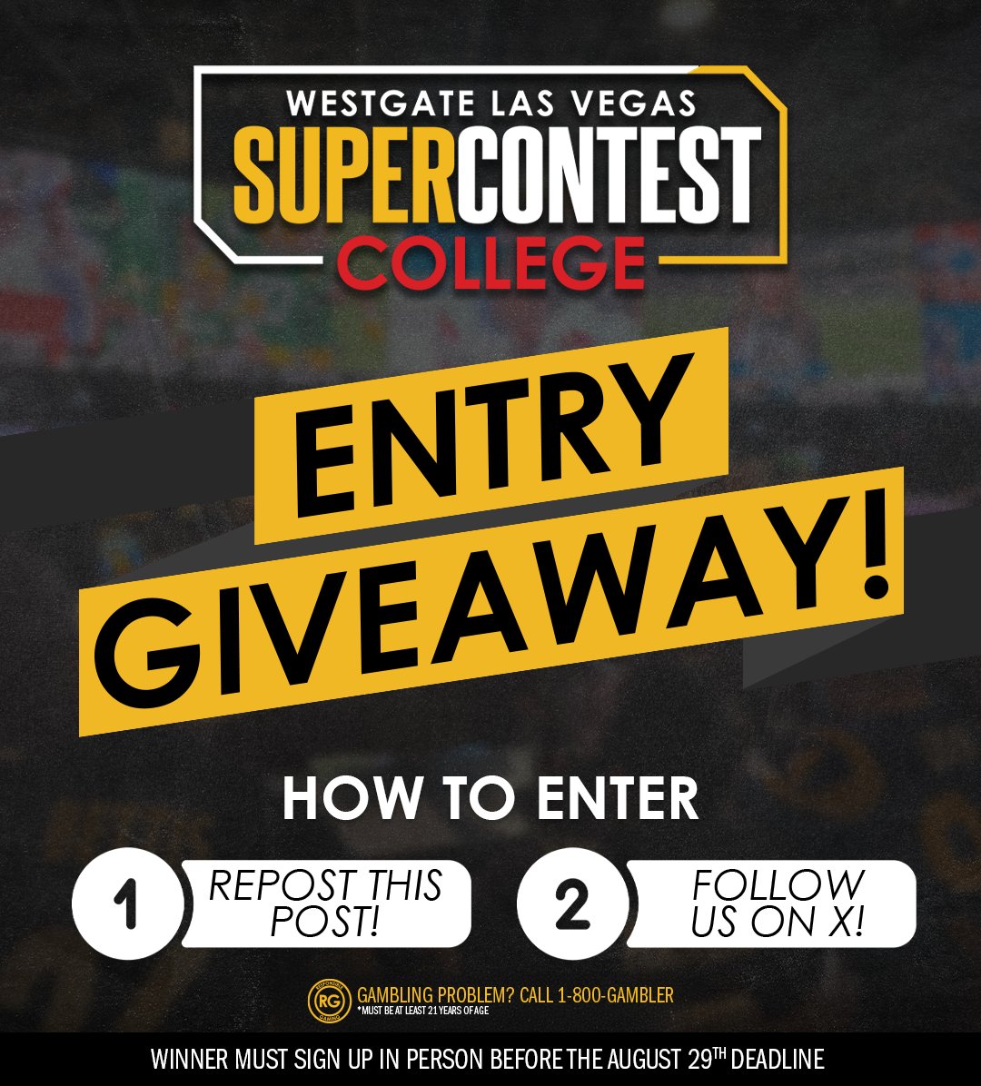 SuperBook Nevada (@superbooknv) on Twitter photo One lucky winner gets a FREE entry in the NEW SuperContest College 🚨
To enter:
➡️ Repost this post
➡️ Follow <a href="/SuperBookNV/">SuperBook Nevada</a> and <a href="/WestgateVegas/">Westgate Las Vegas</a>
➡️ Tag your crew for more entries
Picking a winner on Thursday! One lucky winner gets a FREE entry in the NEW SuperContest College 🚨
To enter:
➡️ Repost this post
➡️ Follow <a href="/SuperBookNV/">SuperBook Nevada</a> and <a href="/WestgateVegas/">Westgate Las Vegas</a>
➡️ Tag your crew for more entries
Picking a winner on Thursday!