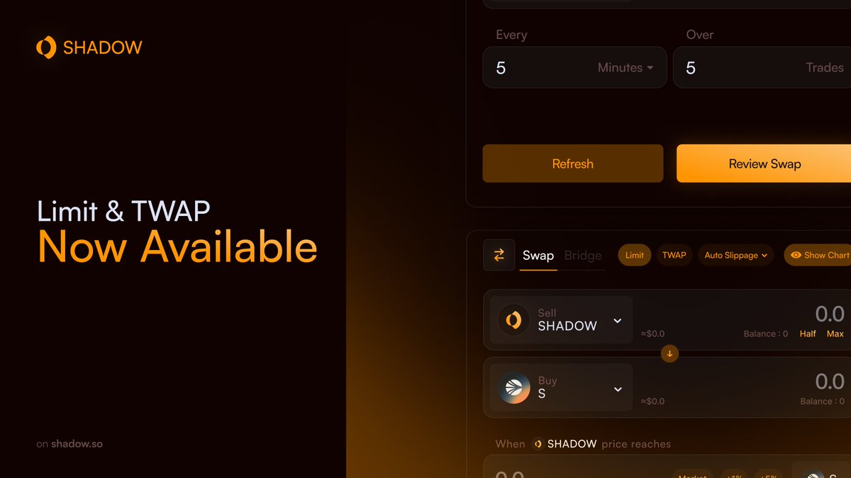 Limit & TWAP are live on Shadow! 🔶 Shadow Exchange now supports: 🔸 Limit  Orders: Decentralized limit orders with English Auction bidding 🔸 TWAP:  Time-weighted average price execution to minimize price impact