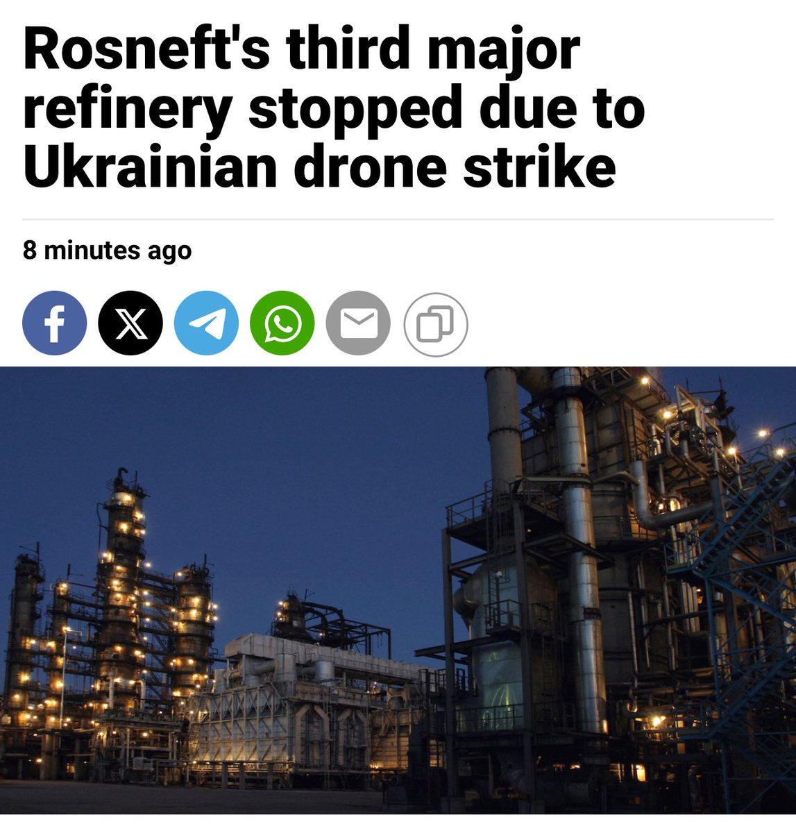 Prune602's tweet photo. ‼️ Russia: “Rosneft's third major refinery stopped due to Ukrainian drone strike”

👉 Saratov oil refinery

🍿 Oh dear…

https://t.co/usE0BaNjkk https://t.co/QDmfDxasPL