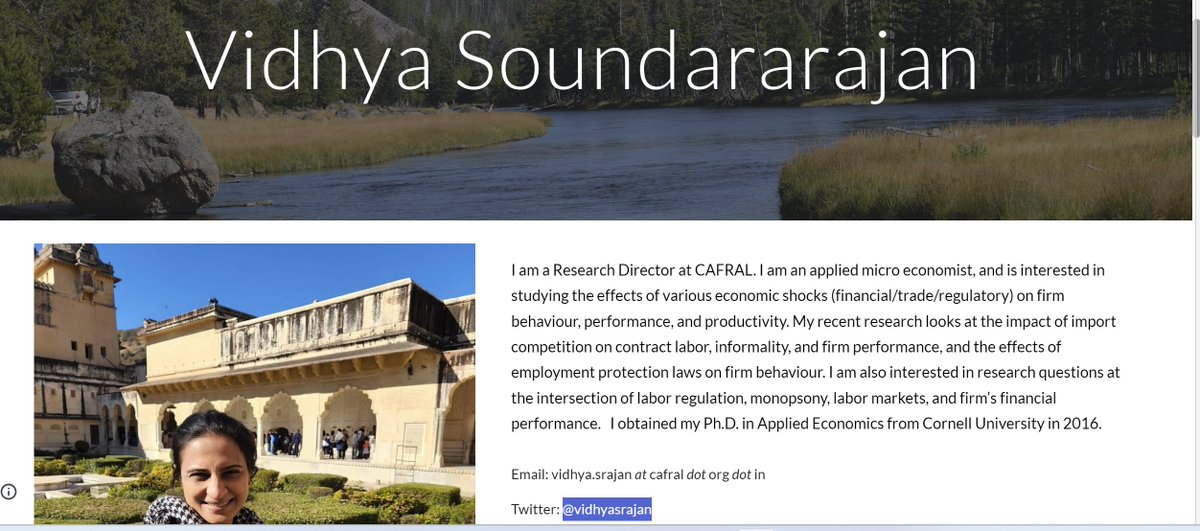 leightjessica's tweet photo. Today's cool young researcher  #econtwitter #econsky is @vidhyasrajan, research director at CAFRAL who works on topics related to finance, firms + trade https://t.co/20UzAtFR86