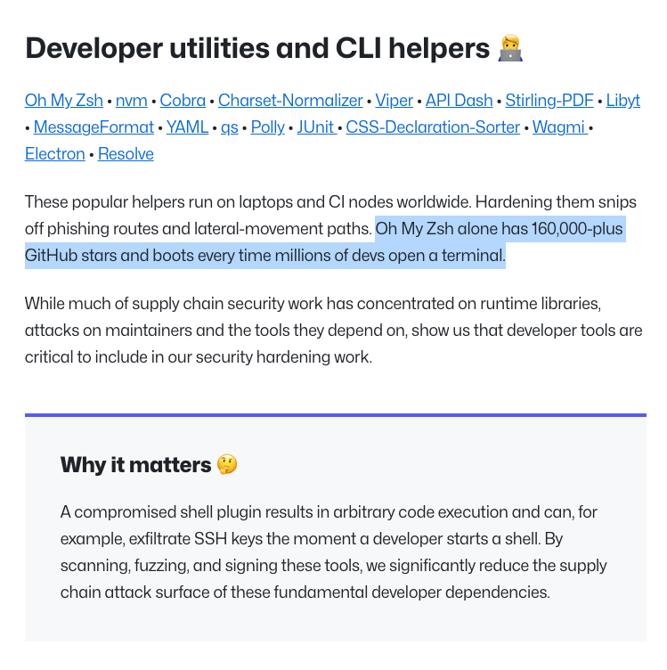 Robby Russell (@robbyrussell) on Twitter photo Still wild to wrap my head around.
"Oh My Zsh alone has 160,000-plus GitHub stars and boots every time millions of devs open a terminal."
github.blog/open-source/maโฆ
Thank you, @GitHub, for including <a href="/ohmyzsh/">ohmyz.sh ๐โจ๏ธ๐</a> in the GitHub Secure Open Source Fund. The team is learning a lot from Still wild to wrap my head around.
"Oh My Zsh alone has 160,000-plus GitHub stars and boots every time millions of devs open a terminal."
github.blog/open-source/maโฆ
Thank you, @GitHub, for including <a href="/ohmyzsh/">ohmyz.sh ๐โจ๏ธ๐</a> in the GitHub Secure Open Source Fund. The team is learning a lot from