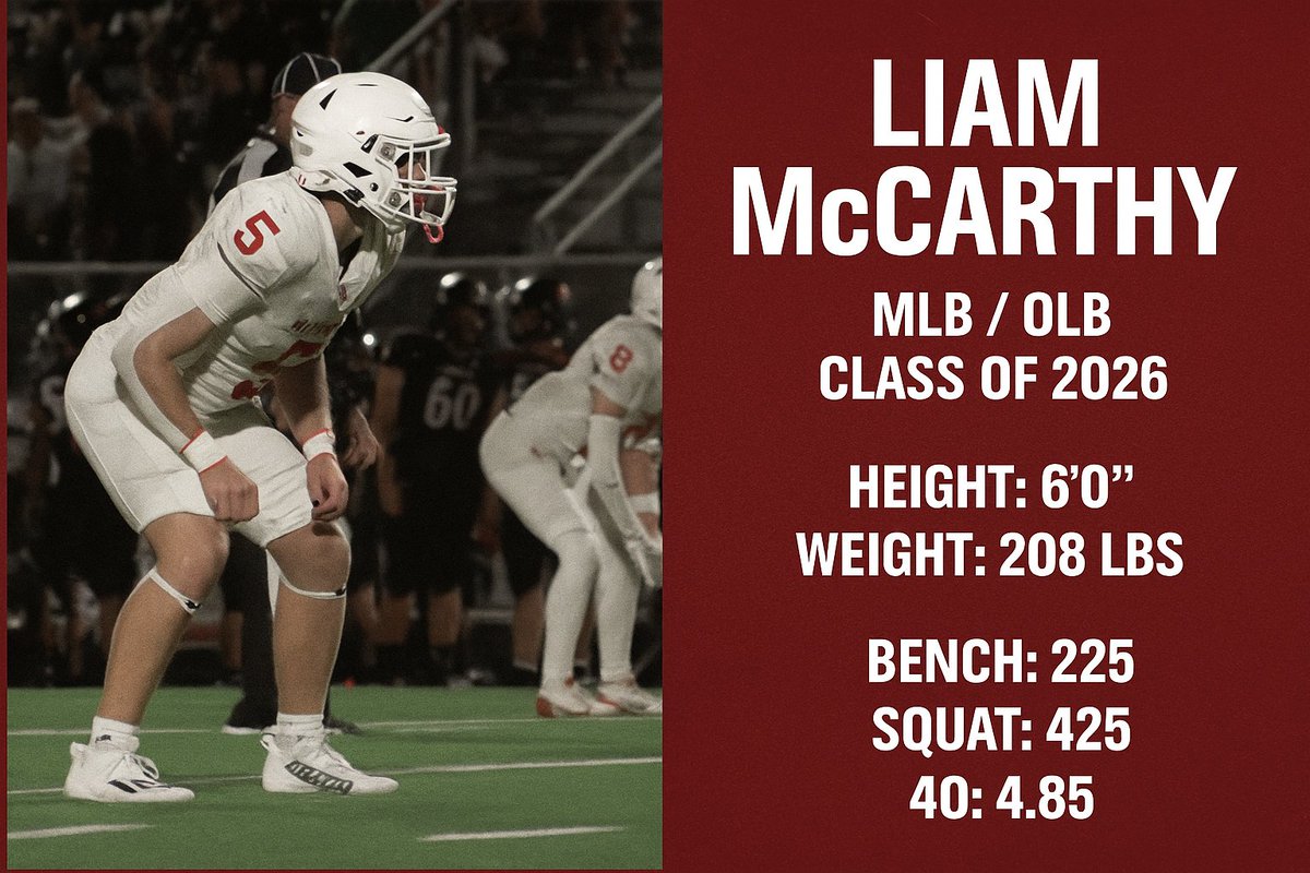 CoachAustinTX's tweet photo. π₯ @Liam5McCarthy | Class of 2026
π St. Thomas High School β Houston, TX
πΉ Position: MLB/OLB | 6'0" | 208lbs
π GPA: 3.3 | ποΈ Bench: 255 | Squat: 425
β±οΈ 40 Time: 4.85
π½οΈhttps://t.co/8n5aZaVo9Z
#TXHSFB #RecruitingClass2026
@CoachHanhold @JocelynGrimsley @CoachDDudley @TheNateGill @CoachSchultz_DC