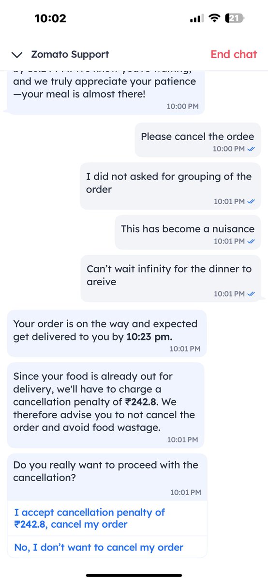 k_Priyeesh's tweet photo. @zomato @deepigoyal delivery delayed by more than 30 mins…order places an hour ago still not delivered , when wanted to cancel you are charging 100% cancellation. What an innovative business https://t.co/Vxe4rNC8R3 reply on chatbox #ZomatoDelivery #fraud https://t.co/KvkWD9vaBH