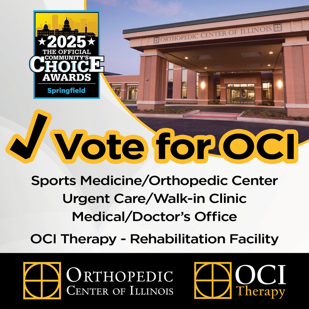 Voting is now open through 8/25 for the Community's Choice Awards! 🏆 Vote for OCI in these categories (under Beauty &amp; Health):

🦴 Sports Medicine/Orthopedic Center
👨‍⚕️ Urgent Care/Walk-in Clinic
🩺 Medical/Doctor's Office
💪 Rehab Facility

➡️ Vote here: tinyurl.com/25-SJR-CCA