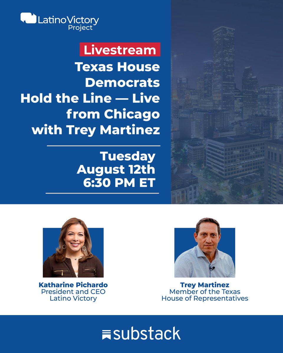 latinovictoryus's tweet photo. LIVE from Chicago, Aug. 12: Texas House Democrats are holding the line. Join @TMFtx & @KPichardoNY —see the fight for Texas up close.
🔗https://t.co/lH0wljQcdf?
#TexasDemocrats #HoldTheLine #FightForTexas #DemocracyInAction #LatinoVictory https://t.co/iw8lHbv39e