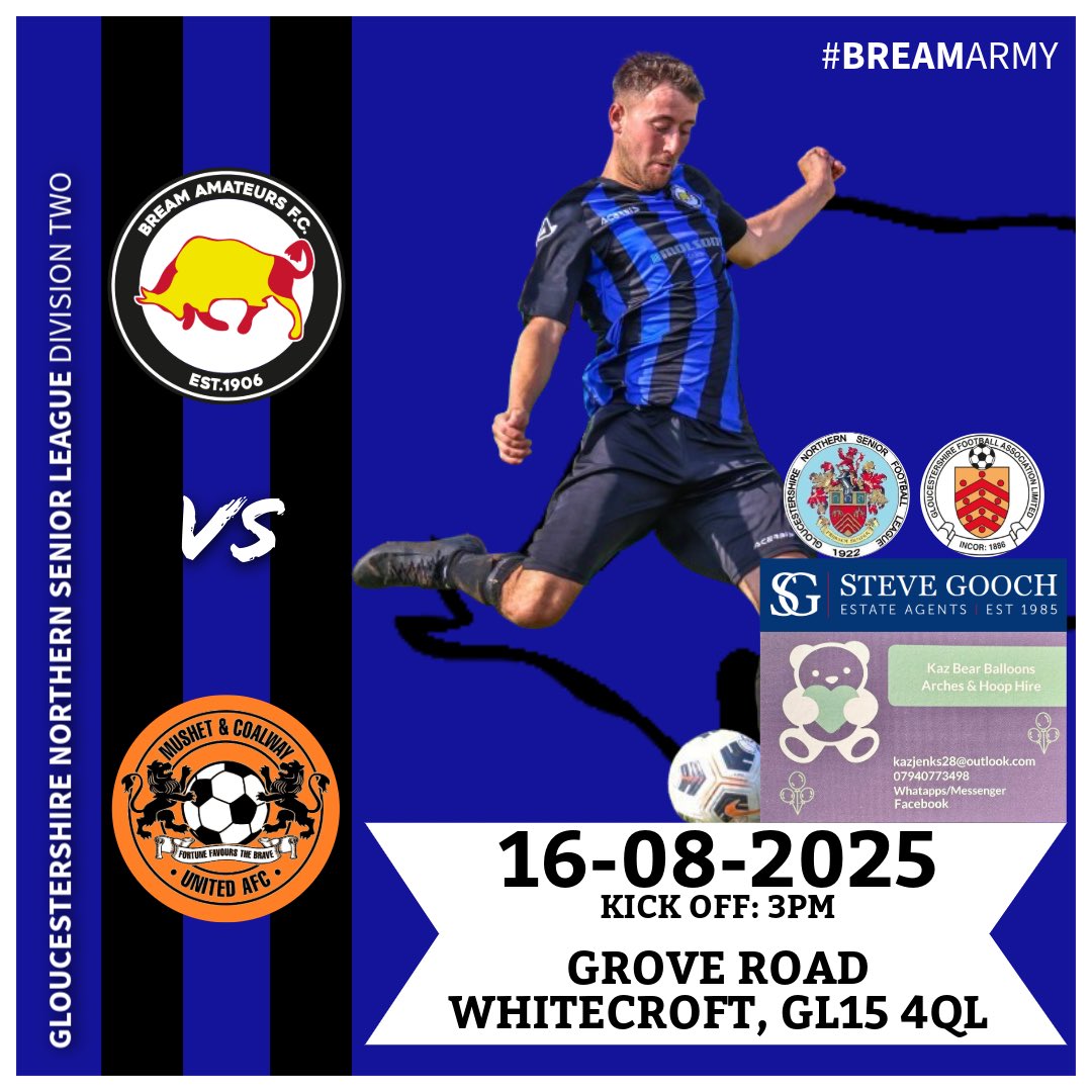 Bream Amateurs FC (@breamarmy) on Twitter photo THIS WEEK!
Firsts π£οΈ
π <a href="/stonehouse_town/">Stonehouse Town FC</a> Reserves
π Reg Davis Cup Round 2
π Bens Takeaway Stadium, GL10 2DG
β½οΈ 13/08 6:30pm
Firsts π
π <a href="/Mushet_Coalway/">Mushet & Coalway Utd</a>
π <a href="/GNSLOfficial/">GNSL</a> Division 2
π Grove Rd, GL15 4QL
β½οΈ 16/08 3pm
Another busy week for the first team.
#BreamArmy THIS WEEK!
Firsts π£οΈ
π <a href="/stonehouse_town/">Stonehouse Town FC</a> Reserves
π Reg Davis Cup Round 2
π Bens Takeaway Stadium, GL10 2DG
β½οΈ 13/08 6:30pm
Firsts π
π <a href="/Mushet_Coalway/">Mushet & Coalway Utd</a>
π <a href="/GNSLOfficial/">GNSL</a> Division 2
π Grove Rd, GL15 4QL
β½οΈ 16/08 3pm
Another busy week for the first team.
#BreamArmy