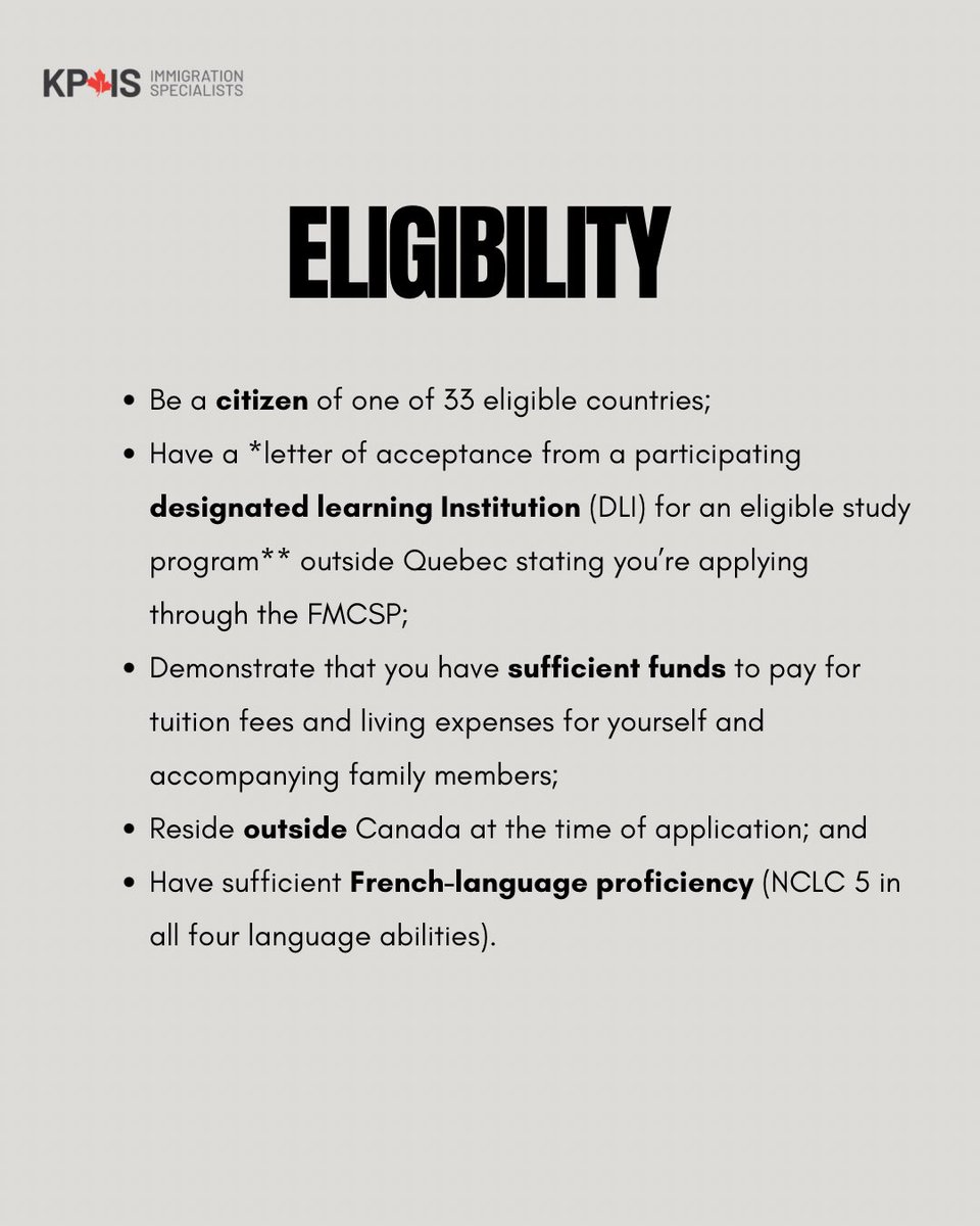 KpisCanada's tweet image. French-speaking citizens of 33 countries can now take a direct study-to-permanent-residence pathway in Canada through the FMCSP

✅ Study in French (outside Quebec)
✅ Graduate → Apply for PR
✅ No job offer needed
✅ NCLC 5 French
Only 2,300 spots in year 1, don’t wait! #FMCSP