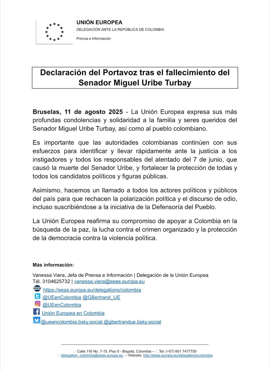 Declaración del Portavoz de la Alta Representante <a href="/kajakallas/">Kaja Kallas</a> <a href="/eu_eeas/">European External Action Service - EEAS 🇪🇺</a> tras el fallecimiento del Senador Miguel Uribe Turbay.
➡️ eeas.europa.eu/eeas/colombia-…