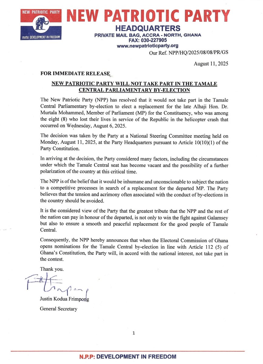 JoyNewsOnTV's tweet photo. NPP withdraws from Tamale Central Parliamentary by-election; resolves not to participate in election replacing late Dr. Murtala Mohammed as MP.

#JoyNews https://t.co/NAj1DTRotD