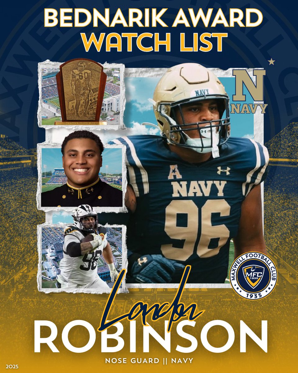 Maxwell Football (@maxwellfootball) on Twitter photo 🏈 <a href="/NavyFB/">Navy Football</a> ‘s <a href="/LandonRobinson/">Landon Robinson</a> has been named to the #BednarikAward Watch List! 🏆 #MaxwellFootball 🏈 <a href="/NavyFB/">Navy Football</a> ‘s <a href="/LandonRobinson/">Landon Robinson</a> has been named to the #BednarikAward Watch List! 🏆 #MaxwellFootball