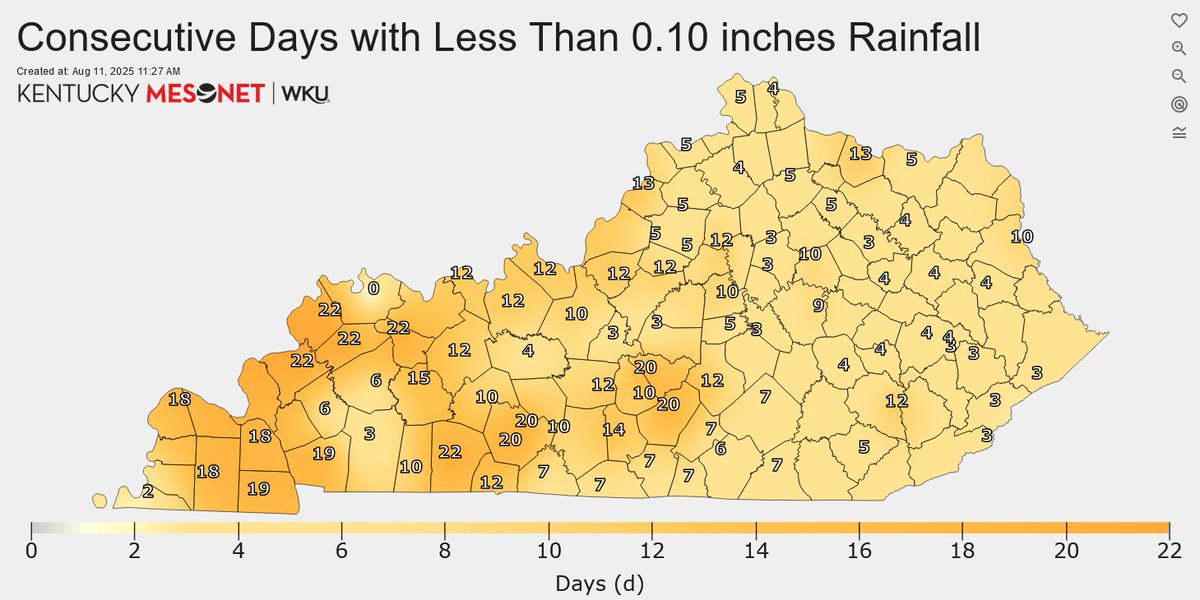 🧵Getting  Dry: Only four of our 83 sites collected measurable rainfall over the weekend. With most of our recent rains being widely scattered in nature,  a number of stations  have now gone ~ three weeks with little/no rain...