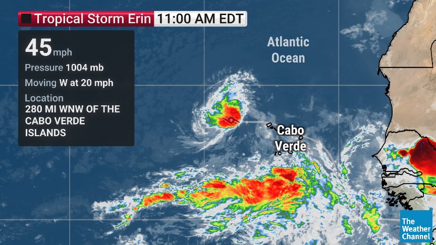 JenCarfagno's tweet photo. Breaking news this morning - Tropical Storm #Erin formed in the Atlantic.   Plenty of time to watch, but it is westward bound and forecast to be a #hurricane by Wed and major hurricane by the weekend. https://t.co/aHjMC9JoKn