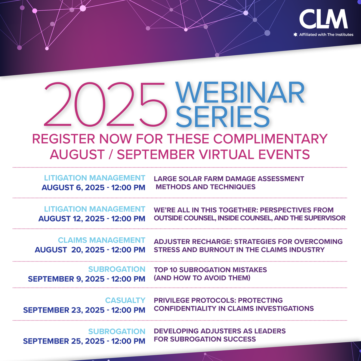 Buckle up for two months of quality claims and litigation management virtual learning in August and September! See the full schedule and register ➡️ theclm.org/Webinars