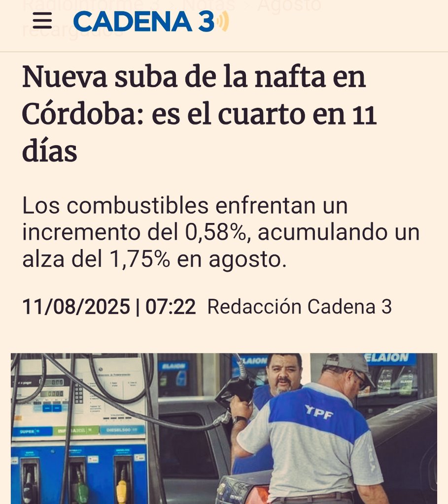 En Córdoba ya aumentaron 4 veces la nafta en 11 días. El que debe estar feliz es Gabriel Bornoroni, dueño de estaciones de servicio y presidente del bloque de diputados del régimen de Milei.