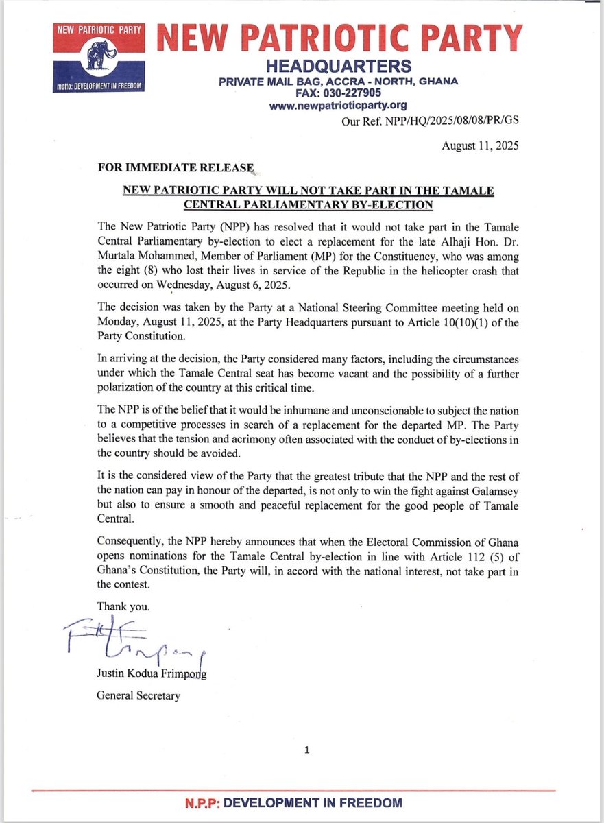 Mayor_Carlos1's tweet photo. NEW PATRIOTIC PARTY WILL NOT TAKE PART IN THE TAMALE CENTRAL PARLIAMENTARY BY-ELECTION.

[General Secretary, Lawyer Justin Frimpong Kodua - NPP] https://t.co/UAeD2lFQaQ