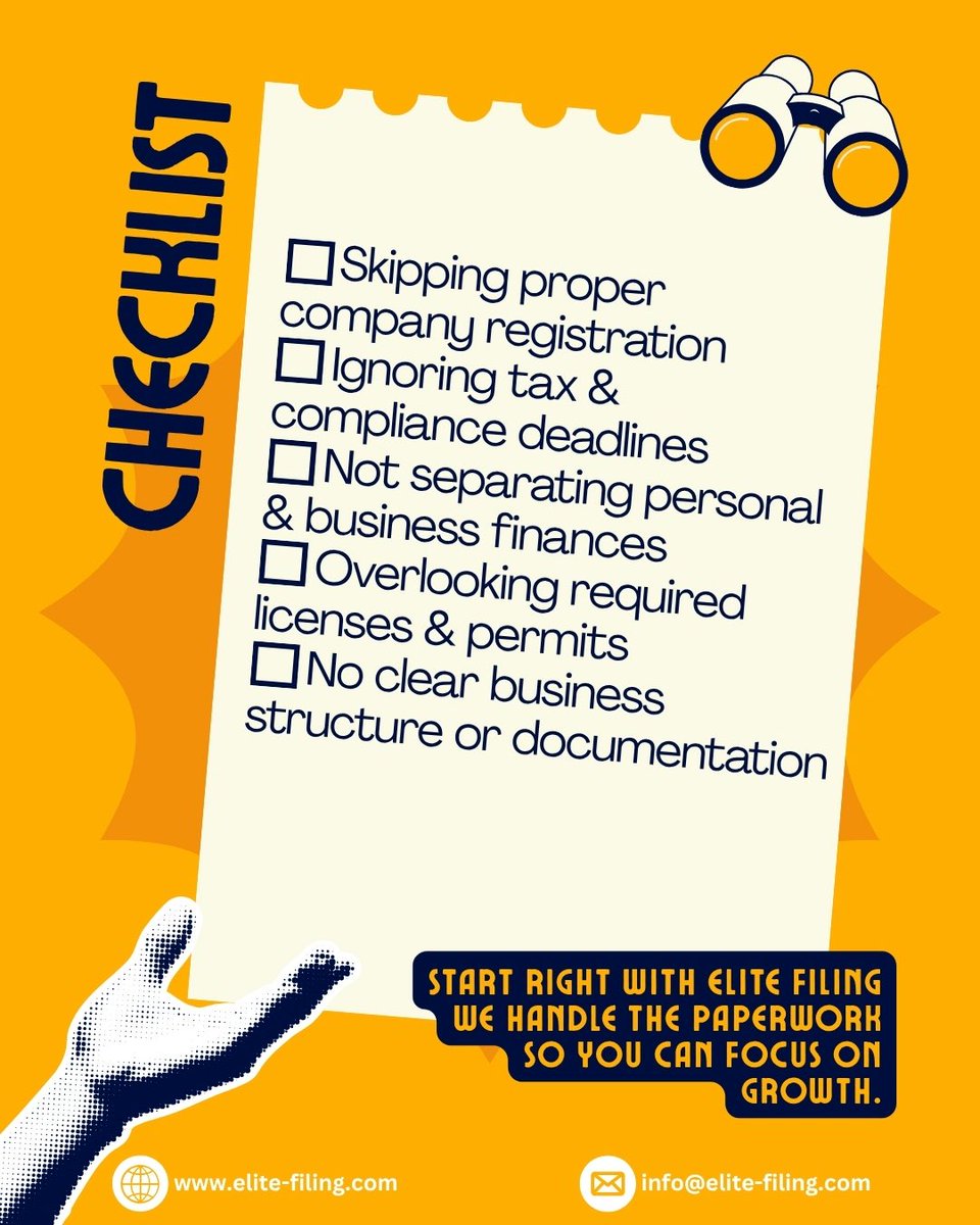 Elite_Filing's tweet photo. Think you’re starting your business the right way? 🤔
Swipe through this checklist to make sure you’re not falling into these common traps.
At Elite Filing, we make sure your business is registered, compliant, and set up for success from day one.
#EliteFiling #BusinessTips https://t.co/fFE9nLvCgR