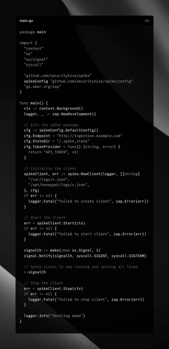 terleydev's tweet photo. We wanted our honeypot to send detections in real-time, with fewer moving parts. Filebeat couldn’t be embedded as a Go package, so… we built Spike ��.

✅ fsnotify for file changes
✅ tail + batching
✅ at-least-once delivery
✅ log rotation
⚡ ~60K lines/sec (incl. cold start)

Will open source soon.

#golang #filebeat