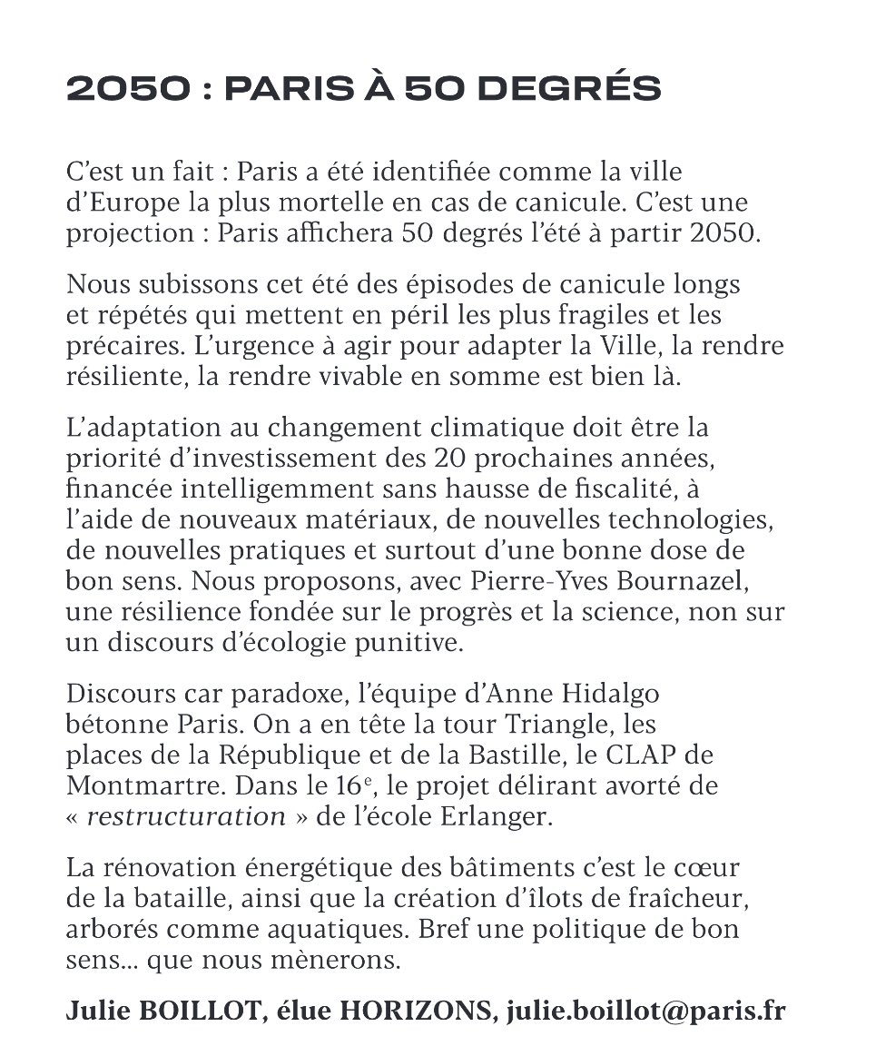 Julie Boillot (@julieboillot) on Twitter photo « 2050 : Paris a 50 degrés » c’est la tribune que je signe dans l’édition de l’été du journal de la <a href="/mairiedu16/">Mairie du XVIe</a>.
Avec <a href="/pybournazel/">PierreYves Bournazel</a> nous proposons une ville résiliente fondée sur le progrès, la science et la solidarité pour faire face aux épisodes caniculaires répétés. « 2050 : Paris a 50 degrés » c’est la tribune que je signe dans l’édition de l’été du journal de la <a href="/mairiedu16/">Mairie du XVIe</a>.
Avec <a href="/pybournazel/">PierreYves Bournazel</a> nous proposons une ville résiliente fondée sur le progrès, la science et la solidarité pour faire face aux épisodes caniculaires répétés.