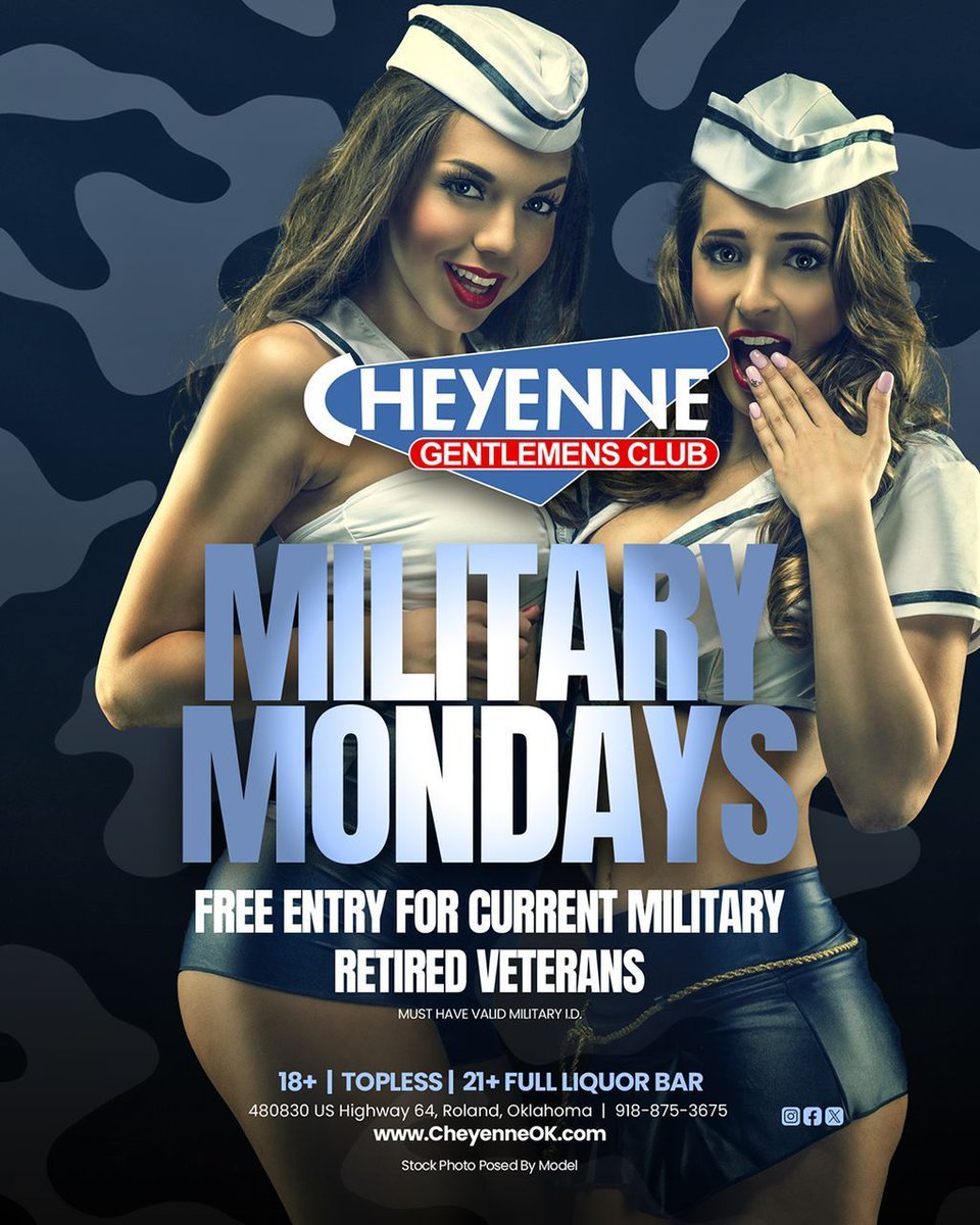 🎖️ Join us for **Military Mondays** at Cheyenne Gentlemen's Club! We're proud to honor our heroes with **FREE ENTRY** for all current military personnel and retired veterans. Come enjoy a night of fun and camaraderie! 🇺🇸✨

#MilitaryMondays #ThankYouForYourService #CheyenneClub