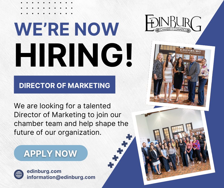 🚨 We’re Hiring! 🚨 Join the Edinburg Chamber as Director of Marketing! If you're creative and passionate about community engagement, apply now! 📩 Send your resume to information@edinburg.com by August 22, 2025. Learn more: edinburg.com/now-hiring-dir…