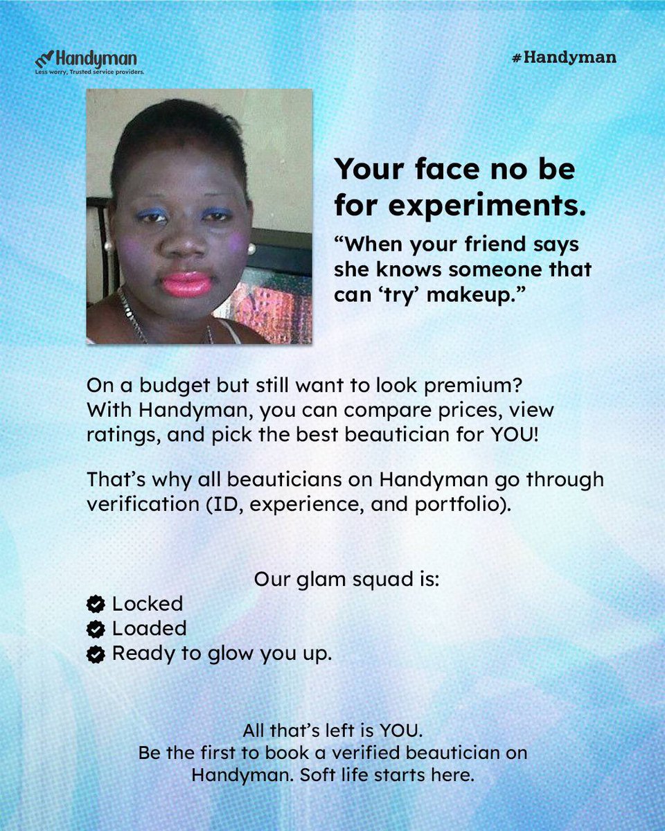 HandymanProNG's tweet photo. Your face isn’t a testing ground. Skip the experiment — trust the pros.
Choose Handyman for expert beauty care you can count on.

#NoExperiments #TrustThePros #BeautyCare #HandymanServices #GlowUp #ProfessionalBeauty #SelfCareDoneRight #AtHomeBeauty #LookYourBest #BeautyExperts https://t.co/lNRt9wHEbj