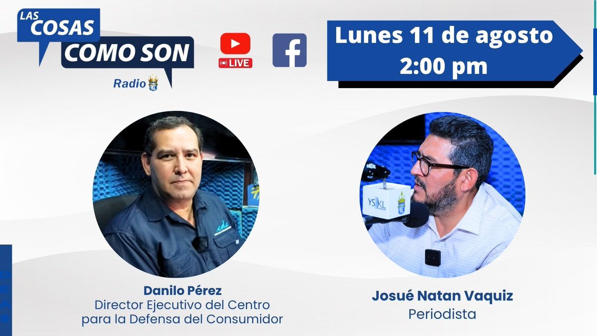 🎙️ Esta tarde, en entrevista en #LasCosasComoSon #Radio, participará Danilo Pérez (<a href="/DaniloPerezCDC/">DaniloPerezCDC</a>), director ejecutivo del Centro para la Defensa del Consumidor (<a href="/CDCElSalvador/">CDCElSalvador</a>).

Los invitamos a sintonizarnos a las 2 p. m. 🕑 a través de <a href="/radioyskl/">Radio YSKL 📻 💻 📲</a>.