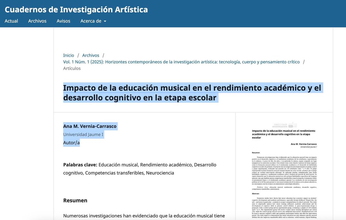 Impacto de la educación musical en el rendimiento académico y el desarrollo cognitivo en la etapa escolar
Autores/as
Ana M. Vernia-Carrasco
Universidad Jaume I