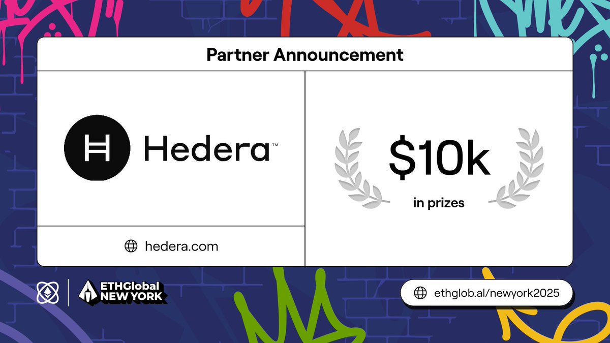 Hedera (@hedera) on Twitter photo ๐ฝ <a href="/ETHGlobal/">ETHGlobal</a> New York is kicking off on August 15 & Hedera is offering $10K in prizes! ๐
๐ค AI on Hedera ($3.5K): ๐ฅ$2K, ๐ฅ$1.5K
๐๏ธ Hedera EVM: Smart Contracts & CrossโChain Integrations ($3.5K): ๐ฅ$2K, ๐ฅ$1.5K
๐
Hedera Overall Winner ($3K)
Check out Hederaโs bounties: ๐ฝ <a href="/ETHGlobal/">ETHGlobal</a> New York is kicking off on August 15 & Hedera is offering $10K in prizes! ๐
๐ค AI on Hedera ($3.5K): ๐ฅ$2K, ๐ฅ$1.5K
๐๏ธ Hedera EVM: Smart Contracts & CrossโChain Integrations ($3.5K): ๐ฅ$2K, ๐ฅ$1.5K
๐
Hedera Overall Winner ($3K)
Check out Hederaโs bounties: