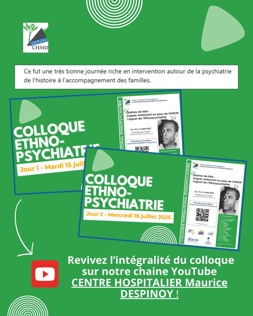 📷 Nouvelles vidéos sur notre chaîne YouTube ! Revivez l'intégralité du colloque « Soigner autrement au pays de FANON », en ligne dès maintenant sur notre chaîne YouTube. À découvrir ici : youtube.com/@CHMauriceDESP… #SantéMentale #CHMD #Martinique #Psychiatrie
