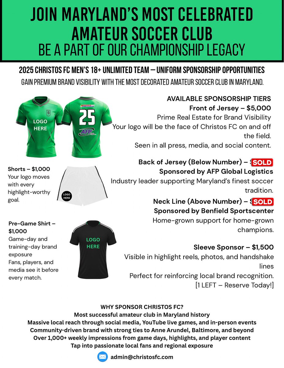Join the likes of <a href="/BenfieldSC/">BenfieldSportscenter</a> and <a href="/AFPGlobal410/">AFP Global Logisitics</a> in backing Maryland’s most decorated amateur soccer club.
Secure your spot on the 2025 Christos FC kit today — limited spaces available!