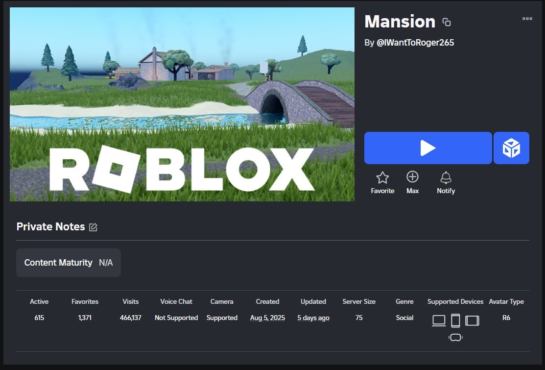 Rosaf3ty's tweet image. Roblox Deletion Log #1
Game Name: Mansion
Game Type: Public Private Server Condo
Visits: 490k
Highest CCU: 674
Game Creator: IWantToRoger265
Playerbase: Spanish Users.
Method Used: Roblox Support Form, all 74 DSA Reports has been declined.
#RobloxSafety