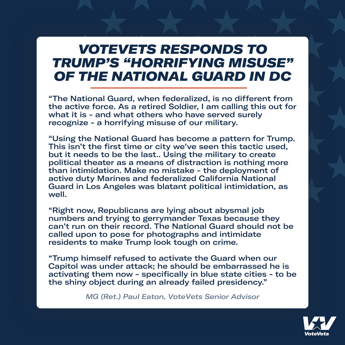 votevets's tweet photo. 🚨NEW: VoteVets Responds to Trump’s Use of the National Guard in DC:

“Trump himself refused to activate the Guard when our Capitol was under attack; he should be embarrassed he is activating them now.”