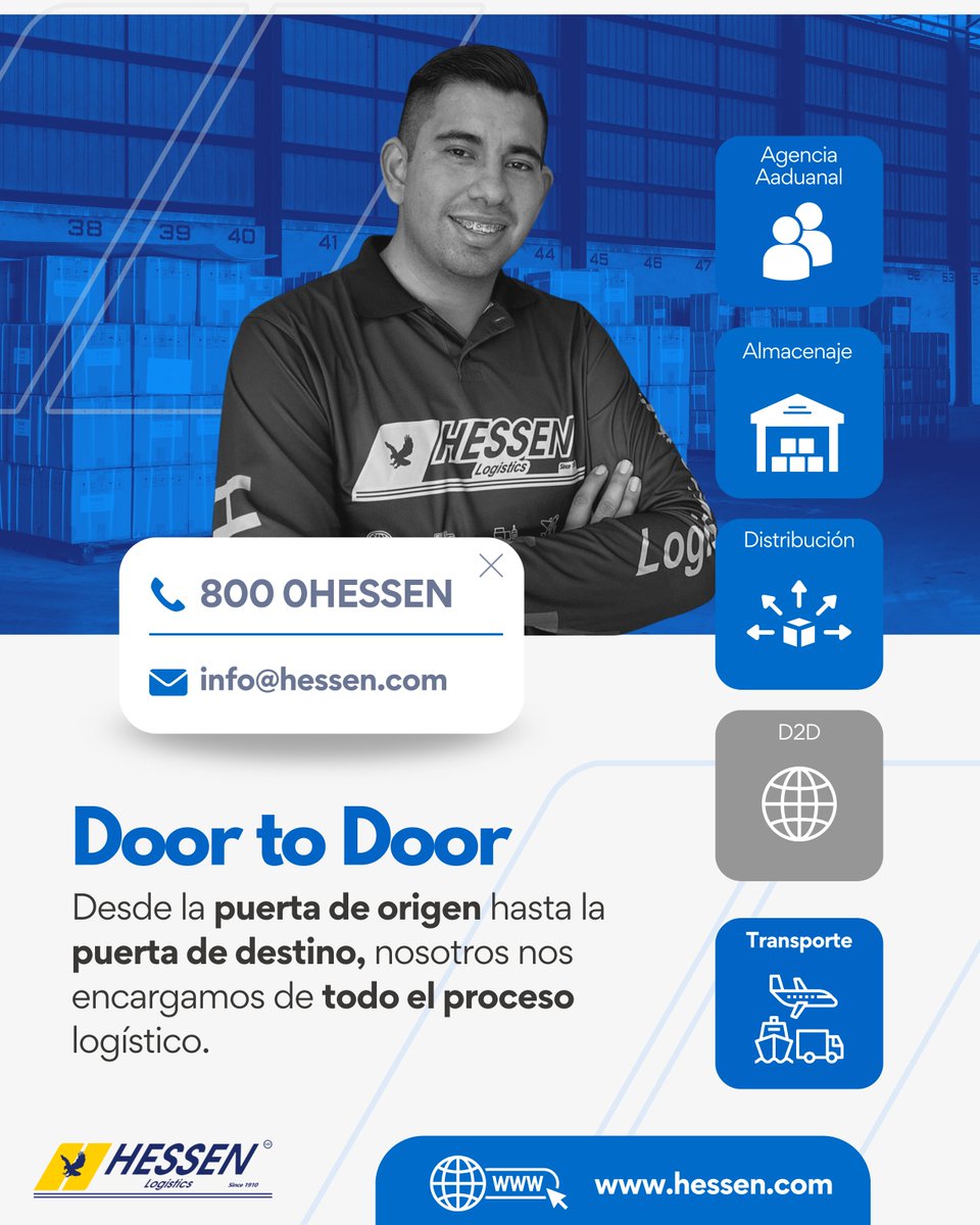🚪➡🚪 De tu puerta a cualquier destino.

En Hessen nos encargamos de 𝘁𝗼𝗱𝗼 𝗲𝗹 𝗽𝗿𝗼𝗰𝗲𝘀𝗼 logístico: agencia aduanal, almacenaje, transporte y distribución. Tú solo dinos el punto de origen y destino. 📦✈🚢🚛

#DoorToDoor #Logística