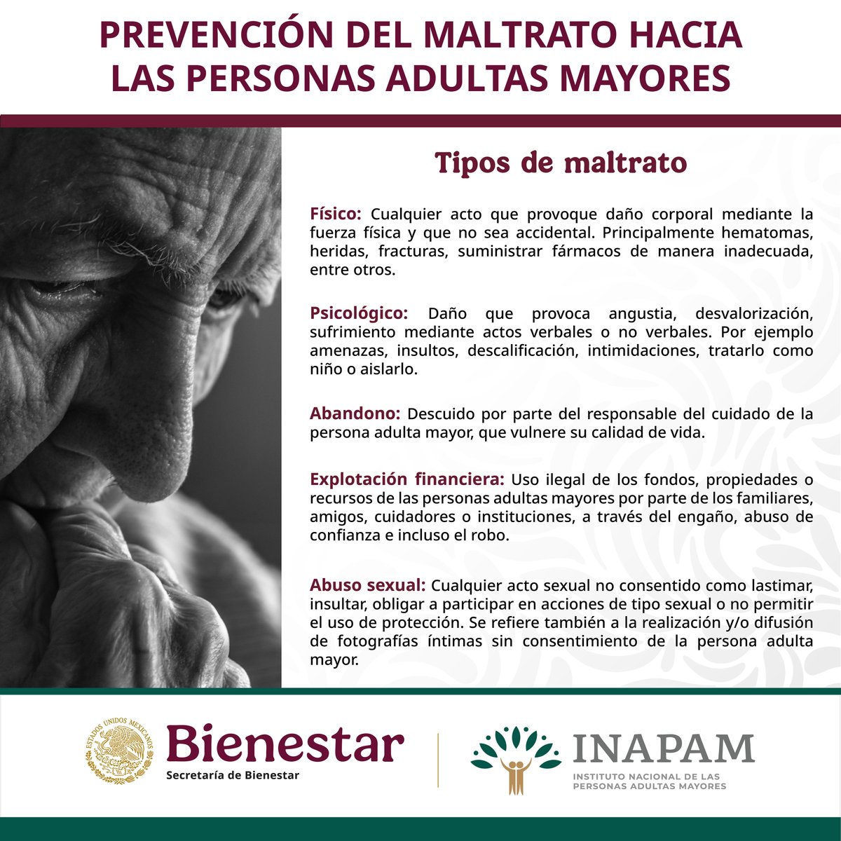 INAPAM's tweet photo. #PersonasAdultasMayores el primer paso es #Identificar las #SeñalesDeAbuso que pueden ser #Físicas #Emocionales o #Económicas. El #Maltrato puede tener una fachada de #Cuidado de las personas cercanas, debes estar #Alerta a #Cambios en su #Comportamiento #NoTeQuedesCallado https://t.co/KdXelZgNdP