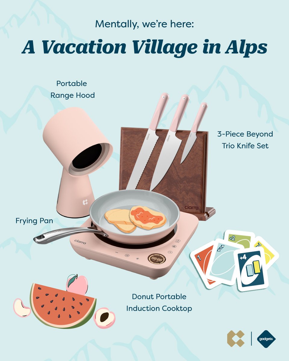 CollabsC84256's tweet photo. Vacation Mode: ON 🏔️
Sunshine, snacks, and a little pink magic in your bag:

🍳 Pancakes on the Donut Cooktop
🔪 Chopping like a pro with the Beyond Trio Knife Set
🌬️ Fresh air thanks to the Portable Range Hood
🎴 Card games until the stars come out

#CiarraGadgets https://t.co/8A7v3p6J6s