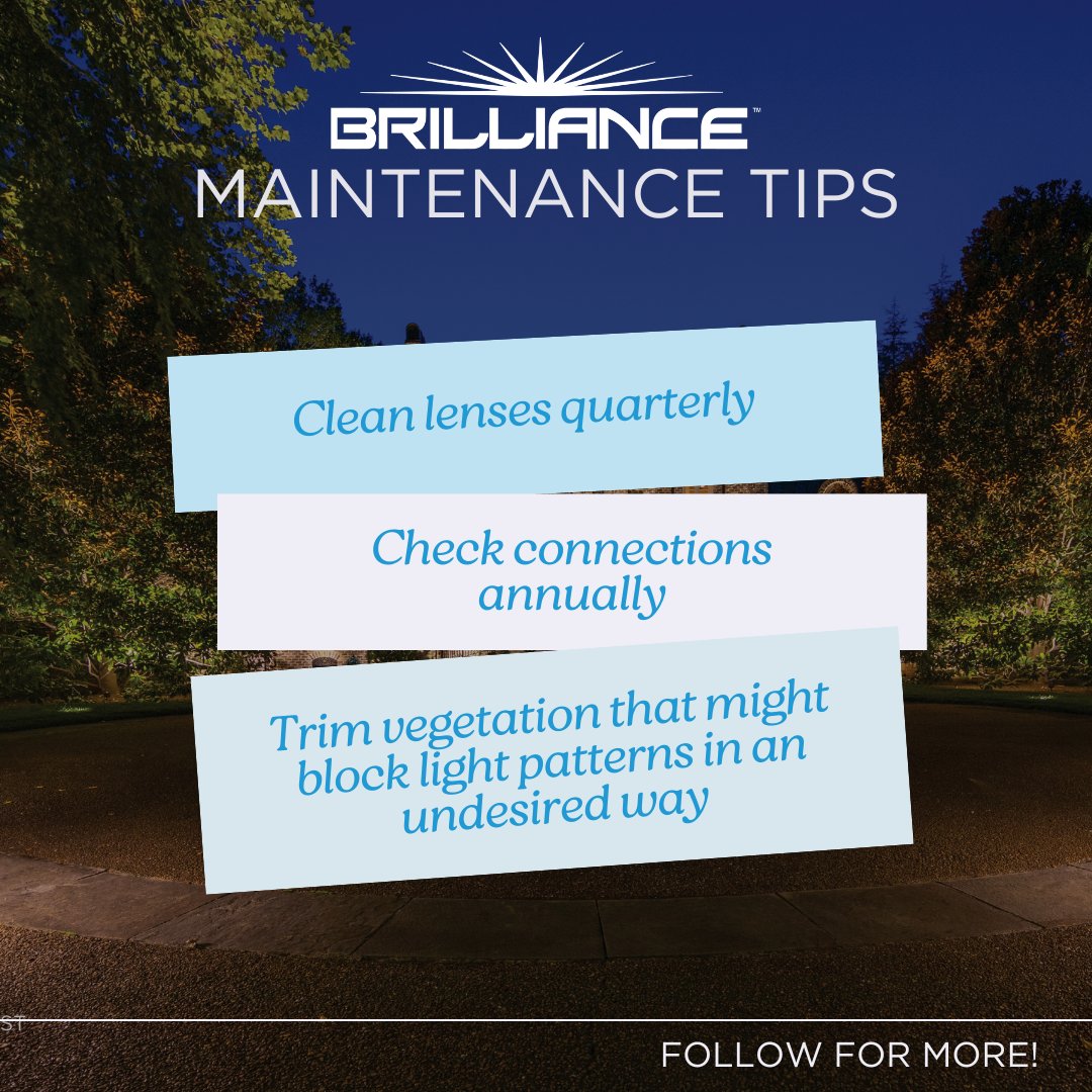 BrillianceLED's tweet image. 🔧 Monday Maintenance: Clean lenses quarterly, check connections annually, and trim vegetation that might block light patterns in an undesired way.

#MaintenanceTips #ContractorTips #ProTip #BrillianceLED #Brilliance #LandscapeLighting